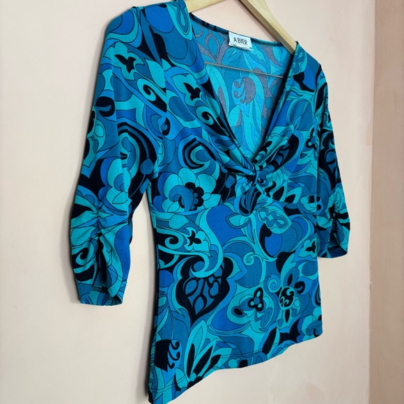 Vintage A. Byer Y2K Blue Abstract Print Top M Artsy Retro Stretch 3/4 Sleeve - Picture 5 of 9